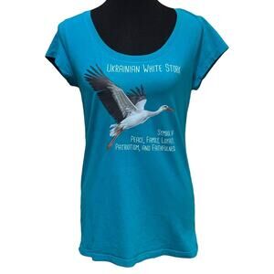 Upcycled Hand Printed Large Ukraine Flag Stork Bird Slava Ukraini Artist Tee